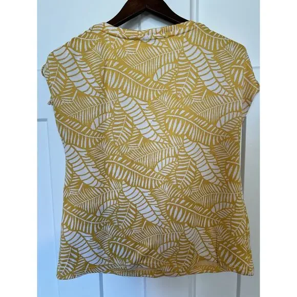 Liz Claiborne Size Medium Yellow White Leaf Pattern Short Sleeve Blouse - Picture 6 of 9